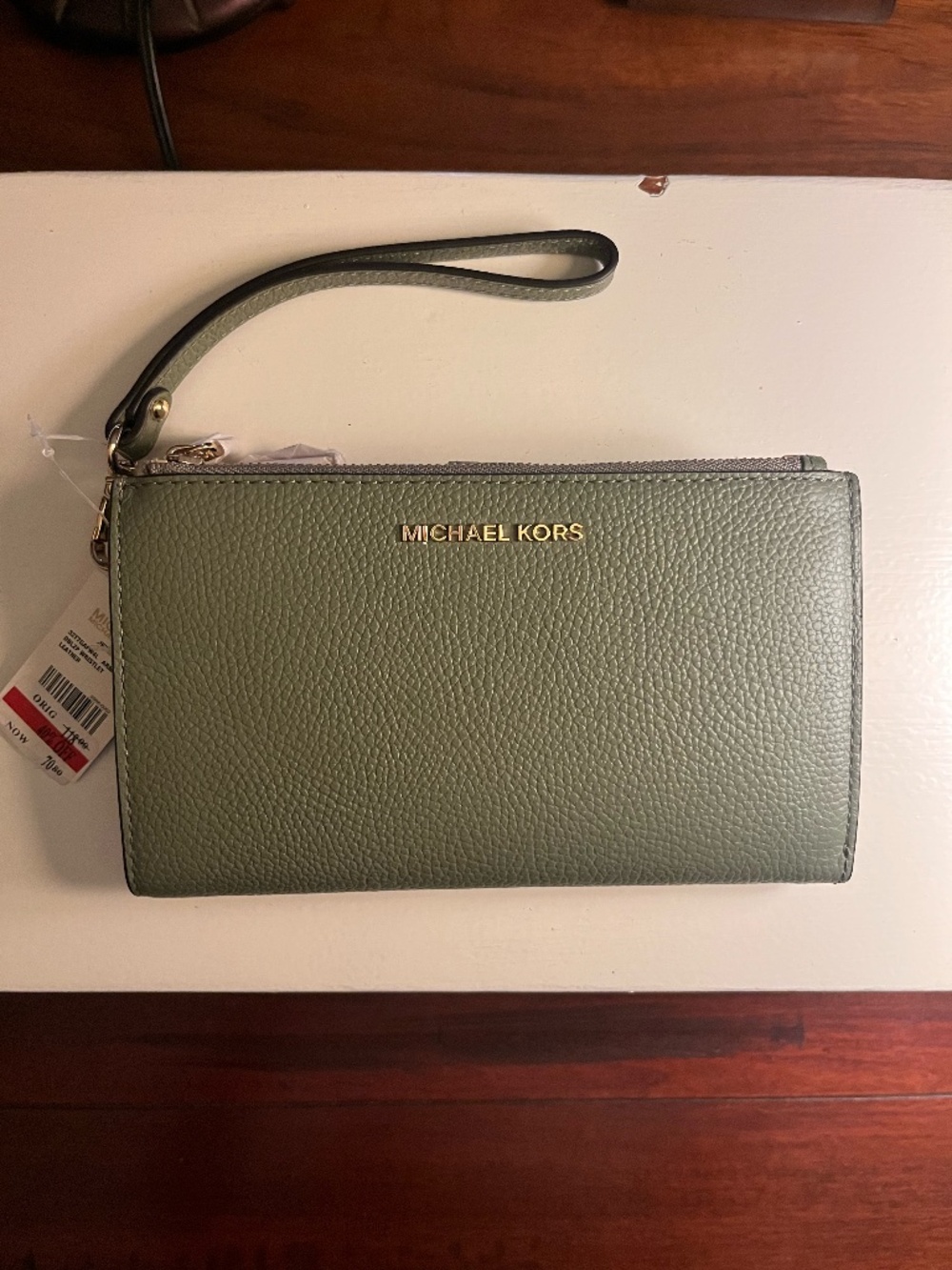 Michael Kors Jet Set Army Green Double Zip Wristlet Leather Wallet